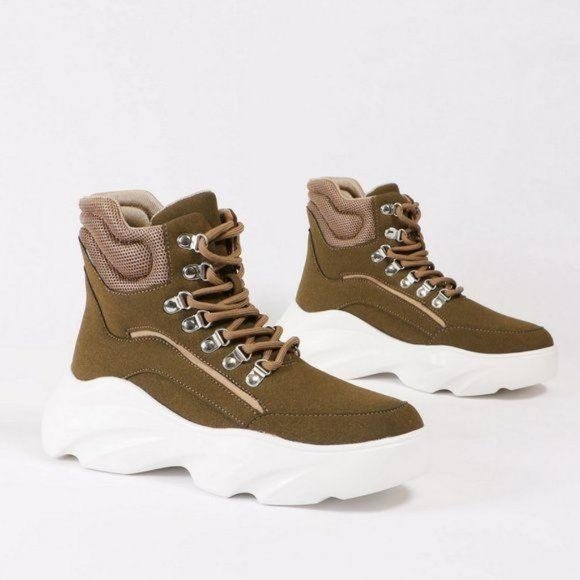 Shoes - Platform Bubble Sole Lace Up Sneakers in Khaki